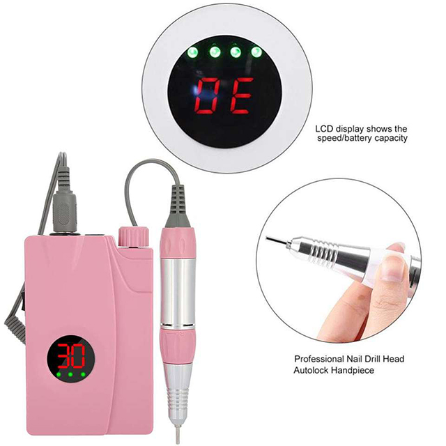 Rechargeable Nail Drill Set Pink With Holder 25w 30000rpm 